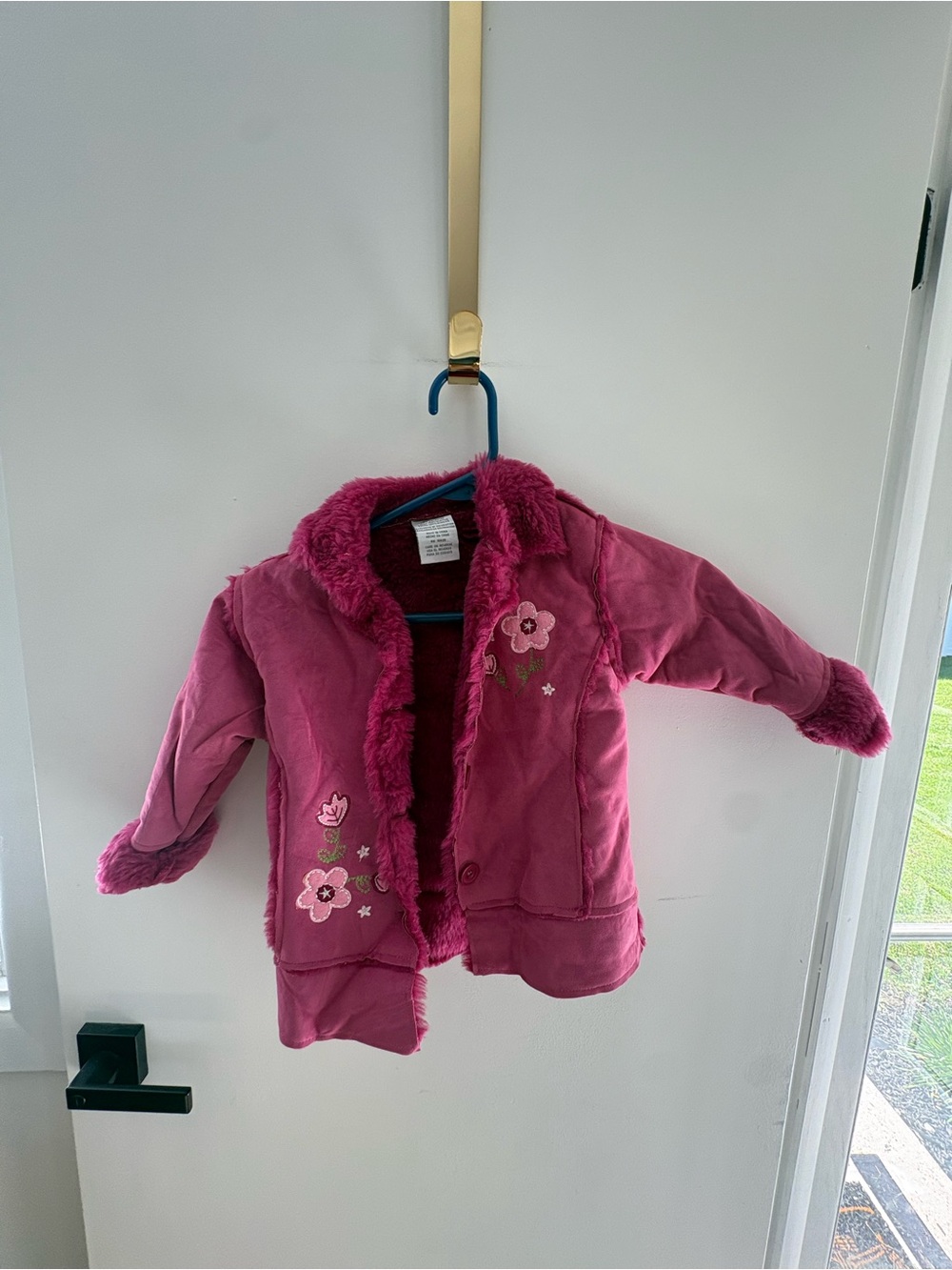 Girls Pink Faux Suede Sherpa-Lined Coat – Size 3T – Floral Embroidered, vintage